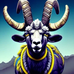 A bighorn sheep ram warrior full blue and yellow body armor with fierce and wild look, highly detailed, digital art, sharp focus, trending on art station, standing on all fours with one hoof on an american football, field of grass, background mountain peaks sunset sky of blue and yellow, design by charlie bowater, ross tran, artgerm, and makoto shinkai, detailed, colors #003594 #FFA300 #FF8200 #FFD100 throughout