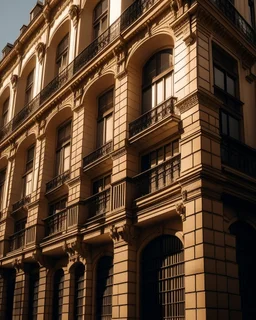 facade of huge building in a Spanish city, close-up, real photography, photojournalism, 16K, shot with Leica camera, 35 mm lens, warm light between shadows