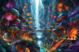 futurist sci-fi underground city, colorful, fantastical, intricate detail, 8k resolution, centered, matte painting, watercolor, pencil sketch, award winning, masterpiece, crisp quality, sharp, wet brush, triadic colors
