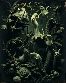 A daguerreotype-style close-up image of a surreal background inspired by Hieronymus Bosch and Max Ernst, featuring twisted organic forms, decaying botanical elements, and strange vegetal growths that seem to pulse with unnatural life. The entire scene is bathed in soft, ambient lighting that creates an otherworldly atmosphere, with areas of deep shadow contrasting against the pale, spectral glow of the figures.