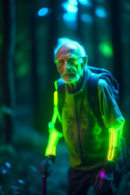 portrait of flashy neon cyborg old man using a walker in the woods, zeiss prime lens, bokeh like f/0.8, tilt-shift lens 8k, high detail, smooth render, down-light, unreal engine, prize winning