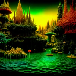 Odd swamp landscape with odd beings surreal abstract Max Ernst style, 120mm photography, sharp focus, 8k, 3d, very detailed, volumetric light, grim, fine art, very colorful, ornate, F/2.8, insanely detailed and intricate, hypermaximalist