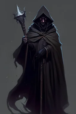 a human dark sorcerer from dnd world, Wearing a cloak with a hood, Holding an ebony wooden staff