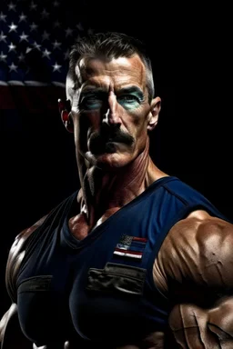 extremely muscular, short, curly, buzz-cut, military-style haircut, pitch black hair, with mustache and pointed goatee, Paul Stanley/Elvis Presley/Pierce Brosnan/Jon Bernthal/Sean Bean/Dolph Lundgren/Keanu Reeves/Patrick Swayze/ hybrid, as the extremely muscular Superhero "SUPERSONIC" in an original patriotic red, white and blue, "Supersonic" Super suit with with an America Flag Cape,