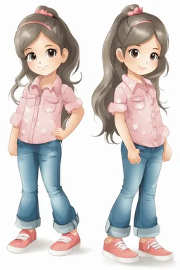 Little 8 years old 1girl wearing a pretty shirt and jean pant, standing pose