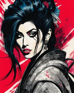 pen and ink portrait of Amy Winehouse as a female samurai ronin illustrated in the manga comic style of Takayuki Yamaguchi, and the comic art style of Bill Sienkiewicz, highly detailed, with sharply defined hair and facial features in vibrant chromatic color