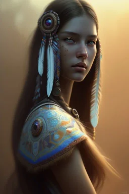 girl, cute, beautiful, Native American, head and shoulders portrait, 8k resolution concept art portrait by Greg Rutkowski, Artgerm, WLOP, Alphonse Mucha dynamic lighting hyperdetailed intricately detailed Splash art trending on Artstation triadic colors Unreal Engine 5 volumetric lighting, long hair, brown eyes, black hair