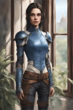 beautiful pale female, half elf, black silky straight shoulder length hair, blue leather armor with white frills, shoulder to waist belt, brown travelling boots, standing near window, plant on pot, brown dark eyes, realism, realistic, photorealistic, sheated rapier attached on hip