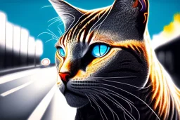 One single mature street cat, friendly, riding on a bike , sunny day, perfect iris, perfect eyes, model style, hyper realistic, extremely accurate, delicate, extremely detailed, Graphic novel style, colours, wide-angle, open aperture, superfine pencil