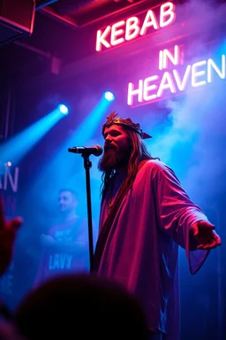 An "Kebab man" performing at dance club, his name is "Kebab man" and looks crazy, Jesus on stage, White and light blue Neon lights and smog, "KEBAB IN HEAVEN" SIGN ON WALL