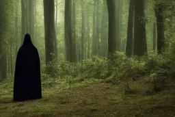 dark robed figure in forest, highly detailed, 8k, atmospheric lighting