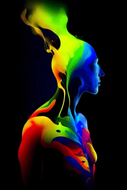the silhouette of a human overcome with emotion, where the emotion is represented as colorful chemical flows through the body