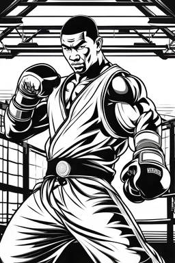 outline art for martial arts character coloring pages with Muay thai master posing, gym background, bold lines, Sketch style, full body, only use outline, clean line art, gym background, no shadows and clear and well