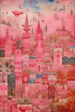 A pink magical realm with fairies designed in ancient Greek mosaics painted by Paul Klee