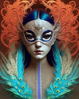 centered detailed venetian mask, vibrant peacock feathers, intricate, elegant, highly detailed, digital painting, artstation, smooth, sharp focus, illustration, illuminated lines, outrun, vaporware, intricate venetian patterns, cyberpunk darksynth, by audrey kawasaki and ilya kuvshinov and alphonse mucha