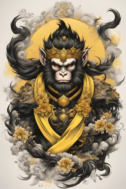 Create a captivating modern 2d black and yellow ink tattoo design for print , prestigious Monkey King flying in a magic clold using the elegant influences of japan art style, for print, dynamic elements from fashion and design, and bold Japanese contemporary art aesthetics, framing centered in the center, distanced from the edges of the paper perimeter,