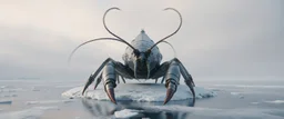airbrush 3d rendering, frontal close up perspective chrome centipede lobster huge space ship on small frozen island in lake, pinhole cam, background motion blur