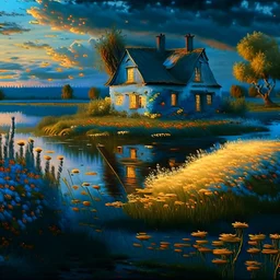 cottage , in the fields, Lake, airbrush, flowers by Van Gogh Modifiers: extremely detailed fantasy 8k oil on canvas very attractive dynamic lighting Unreal Engine cinematic postprocessing Van Gogh Thomas Kinkade glowing Craig Rutkowski