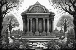 grave of Cemetery in 8k tattoo drawing style, intricate details, highly detailed, high details, detailed portrait, masterpiece,ultra detailed, ultra quality