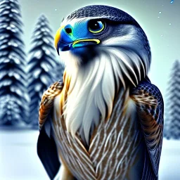 portrait of a bird of prey, feathers, extremely sharp detail, finely tuned detail, ultra high definition, 8k resolution, dynamic lighting, unreal engine 5, ultra sharp focus, mountains, winter landscape, background trees