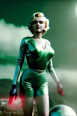 Ultra Realistic retro sci-fi 1960 scene, waist up view portrait, blonde woman, sweet young Marilyn Monroe face, perfect iris, tight latex coat, alien planet background, tight style, steel sphere dron levitating, fog, rain, soft color, highly detailed, unreal engine 5, ray tracing, RTX, lumen lighting, ultra detail, volumetric lighting, 3d, finely drawn, high definition, high resolution.