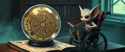 map of labyrinth contained in a glass ball with elemental sigils and symbols on a table beside a book called Rotten Riddles of a Forgotten Age with weird illustrations, being read by an fluffy imp gremlin druid librarian in a cyber punk wheel chair