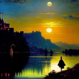 Drawing of 'Medieval Romanian Castle',mountain,lake,full moon, by gaston bussiere, greg rutkowski, yoji shinkawa, yoshitaka amano, tsutomu nihei, donato giancola, tim hildebrandt, oil on canvas, cinematic composition, extreme detail,fit full head inside picture,16k