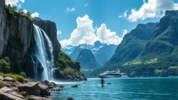a picturesque natural landscape that includes majestic mountains and a serene countryside. Additionally, incorporate details about a stunning, large waterfall that enhances the beauty of the scene. The output should be structured as a narrative, painting a clear image with rich, descriptive language that evokes the sights and sounds of this beautiful environment water fall falls to a big sea with modern ship in it.a fullbody lady inOne Piece - Athletic Swimsuit,and diving cap