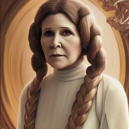 hyperspace background, complete and photo realistic detailed head to waist stunning photo realistic portrait of carrie fisher as Princess Leia in star wars with photo realistic updo hair by Mandy Jurgens and mucha and Richard Schmid and chuck close and chie yoshii, extraordinary and detailed ceremony dress of star wars,brown eyes