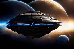 The Ancient's spaceship Destiny, from the television series Stargate Universe, orbiting a blue gas giant, epic, award winning masterpiece digital art, detailed hyper realistic