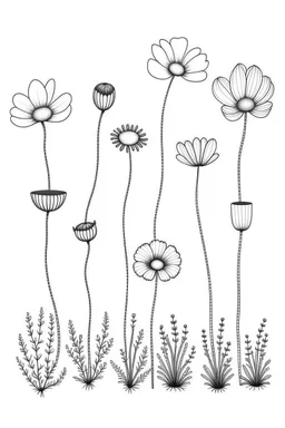 set of growing wind flower on the grace, SIMPLE ONE lineS art, white background, minimalis, different view, only white bakcground solid.