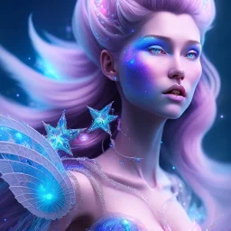 portriate of beautiful blue pink transprent na'vi fairy,volumetric lighting, particals, intricate detail,realistc, close up,sparkling eyes, fluorescent skin,long blond hair, sparkles