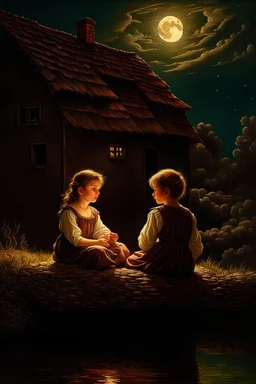 A medieval village, a river, a young boy and a young girl sitting outside a small farmhouse looking at the sky, in awe of God’s creation and God’s mighty power, Full moon, beautiful celestial sky, Milky Way, hyper-detailed art by Ivan Kramskoi. Modifiers: elegant intricate oil on canvas beautiful high detail award winning fantastic view crisp quality hdr Evolution steps: (See in details)