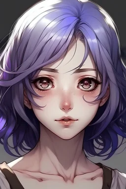 buatlah gambar anime perempuan yang terlihat seluruh badan dengan rambut berwarna ungu berwajah cantik berkulit putih memiliki hazel mata coklat berumur 20 tahunan