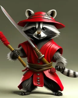 raccoon as a samurai, realistic, 2 katanas, in China, red straw Hat