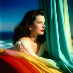 Hedy lamarr A white curtain above the sea, turquoise, pink, orange, yellow, wind blowing