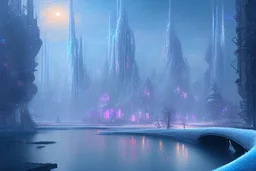 Science fiction city near frozen lake, impressionism painting