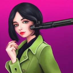 Beautiful latin girl, black Hair, green Eyes, holding Sniper, wearing a pink trench coat, Room, masterpiece, expert, insanely detailed, 4k resolution, cute big circular reflective eyes, cinematic smooth, intricate detail , soft smooth lighting, soft pastel colors, Eyes slightly Glowing