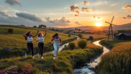 a group of young ladies in sports pants and blouse are dancing to camera in village over high grassy hills,a small fall and river and wild flowers at river sides, trees houses ,next to Ripe wheat ready for harvest farm,windmill ,cloudy sun set sky