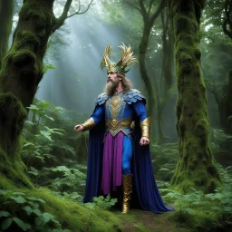 [high res photo by Monty Python] Oberon from Shakespeare's A Midsummer Night's Dream. Regal and commanding, with a towering presence and angular features that speak of ancient wisdom. His aura glows with an ethereal light that sets him apart from mere mortals. Clad in robes of deep jewel tones that reflect the lush colors of the forest, Oberon's eyes are sharp and piercing, hinting at a mind as sharp as a blade. Today, he steps into the arena of the forest clearing as a gladiator, ready to displ