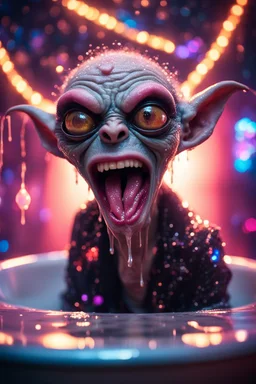 portrait through dirty warped lens of ultimate transcendent happy disco pimp gremlin vampire alien frown with spotlights and huge dripping tounge sticking head out of a bathtub portal, in front of space portal dimensional glittering device, bokeh like f/0.8, tilt-shift lens 8k, high detail, smooth render, down-light, unreal engine, prize winning