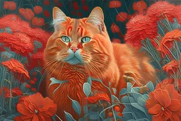 big red cat in flowers