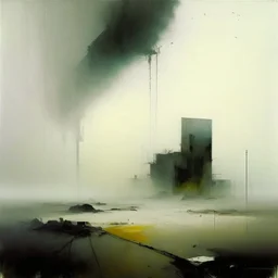 Contemporary abstract painting of wasteland techno decaying landscape. Hazy foggy sky. Concrete ground. Exposed twisted concrete. Style Justin Mortimer and JMW Turner.