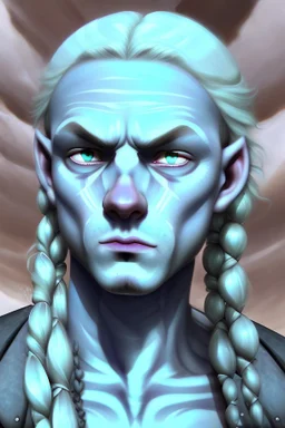 A tieffelin with blue skin and white Dreadlock hair. His pupil-less eyes are green. He wears a small beard. His horns are black and curved backwards. He wears a beige tunic.
