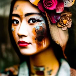 an abstract painting of rusted metal and flowers, Geisha portrait, rust, scaffolding, iron cladding, decay, mixed media, textured, anatomically correct, beautiful perfect face, sharp focus, highly detailed