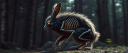 radiant werewolf rabbit thick Skeleton with lotsa fluffy fur, motion blur background dark forest