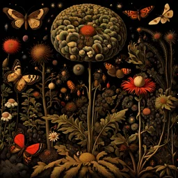 A detailed botanical illustration of a lush garden inhabited by a variety of insects, such as butterflies, bees, and ladybugs, showcasing the intricate patterns and textures of both the flora and fauna, Audubon, Max Ernst, night sky filled with stars and planets