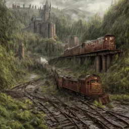 abandoned train of hogwarts on tracks overgrown by nature with large puddles of water flooding part of tracks, 8k resolution, high-quality, fine-detail, intricate, digital art, detailed matte, volumetric lighting, illustration, 3D octane render, brian froud, howard lyon, selina french, anna dittmann, annie stokes, lisa parker, greg rutowski