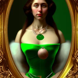 oil Portrait of a green long haired beautiful busty voluptous adult woman with emeralds necklace with big Green sad eyes looking to viewer by GRANT WOOD Ingres 8k