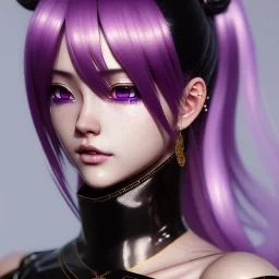 Detailed cute anime girl, purple hair buns, purple bangs, black latex bodysuit, intricate details, full body portrait, keep head in frame, slight smile, black Japanese motif, concept art, highly detailed, digital painting, concept art, sharp focus, illustration, art by Yoji Shinkawa, WLOP and greg rutkowski and alphonse mucha and artgerm and yanjun Chen and Junji ito and Makoto Shinkai, HDR, octane render